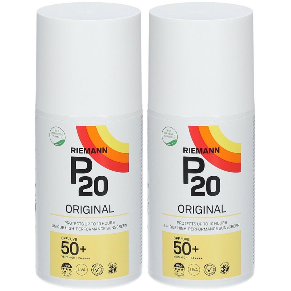 Zwei weiße Flaschen mit rotem, gelbem und orangefarbenem Etikett. Aufschrift: P20 Original SPF50+.