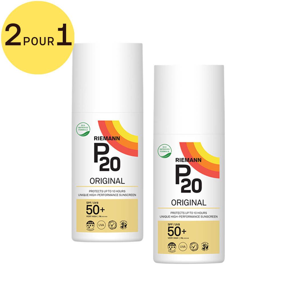 Deux flacons blancs avec étiquette rouge, jaune et orange. Inscription : P20 Original SPF50+. Cercle jaune avec '2 pour 1'.