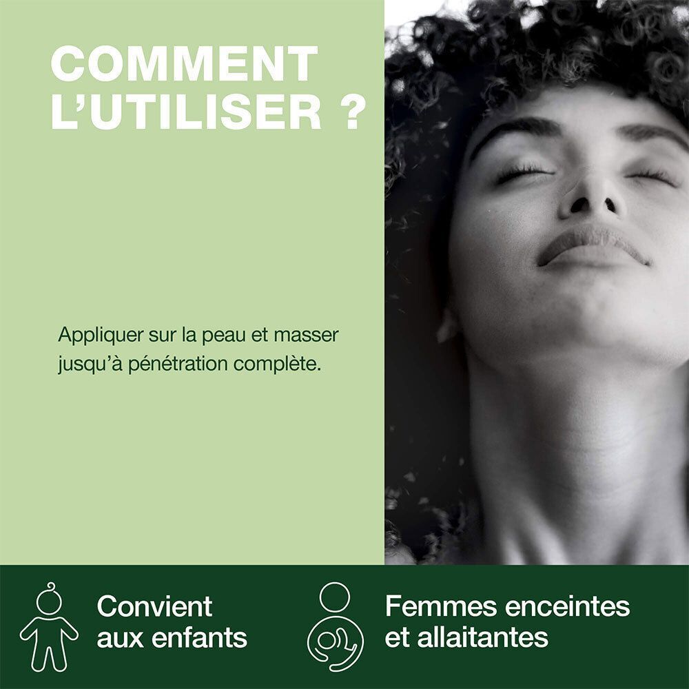 Femme aux yeux fermés. Texte: Comment l'utiliser? Appliquer sur la peau et masser jusqu'à pénétration complète. Pour enfants et allaitantes.