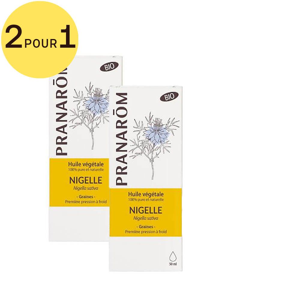 Deux emballages avec nom du produit et label bio. Cercle jaune avec texte '2 pour 1'.