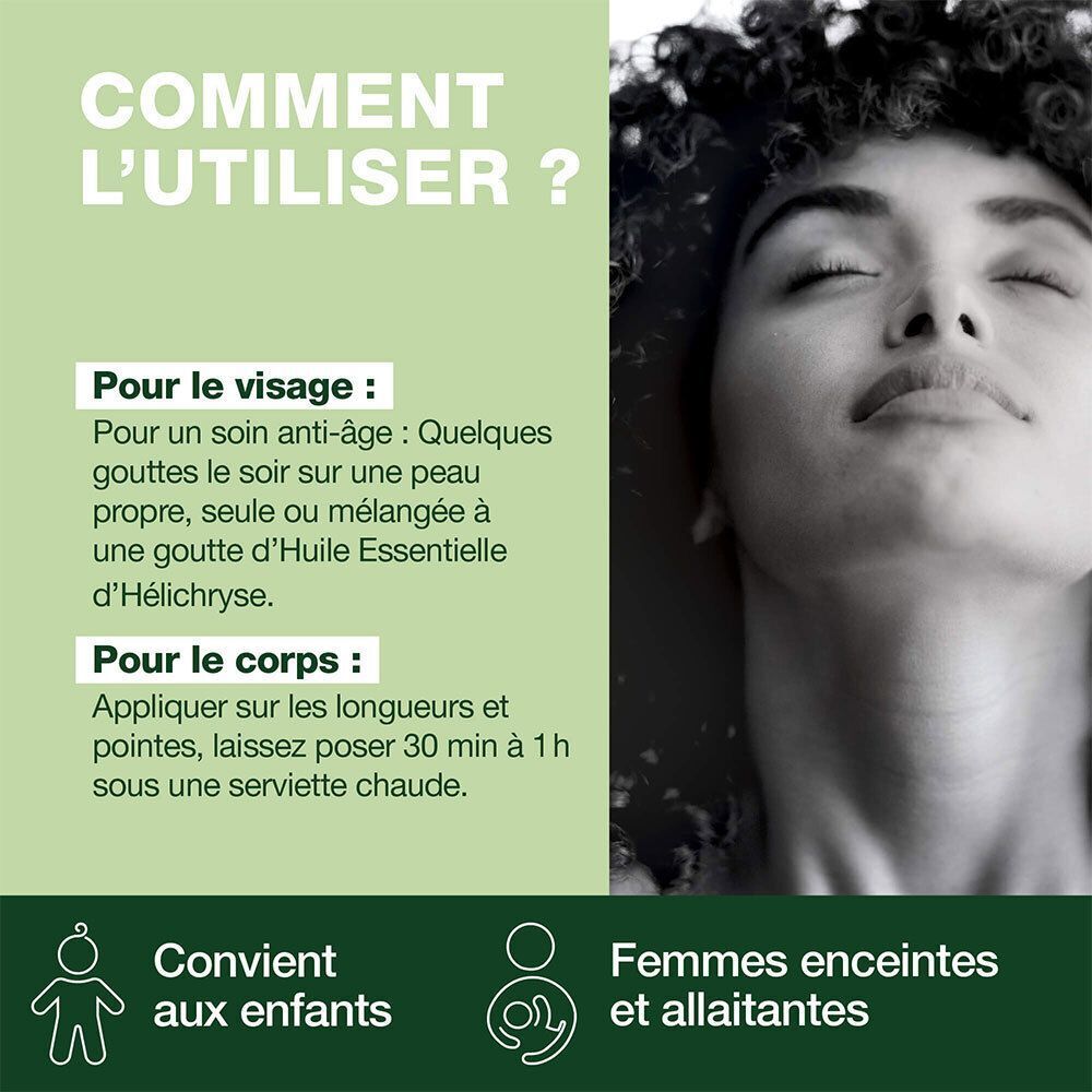 Femme aux yeux fermés. Texte: Pour le visage, Pour le corps. Texte: Convient aux enfants, Femmes enceintes.
