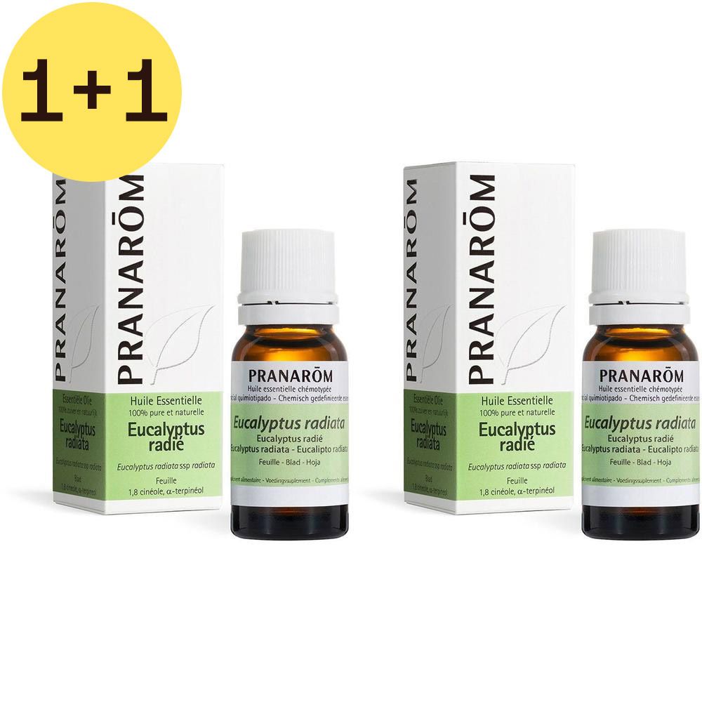 Flacon en verre brun et boîte de PRANAROM Eukalyptus radiata. Flacon avec bouchon blanc et étiquette. Boîte avec logo et nom du produit.