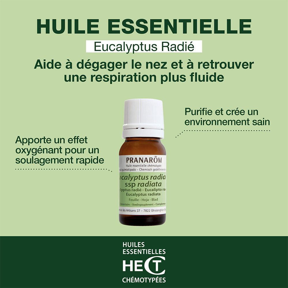 Deux flacons et boîtes d'huile essentielle Pranarôm Eucalyptus radié.