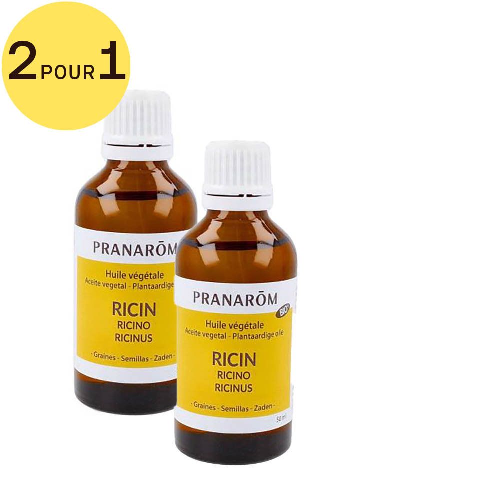 Deux flacons avec étiquettes jaunes et bouchons blancs. Cercle jaune avec texte '2 pour 1' en haut à gauche.