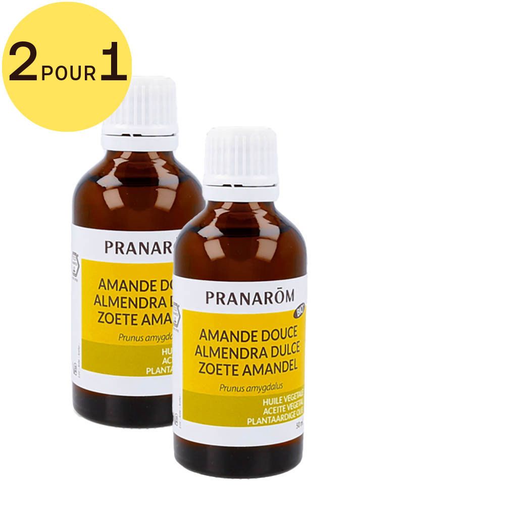 Deux flacons avec bouchon blanc et étiquette, avec l'inscription '2 pour 1'.