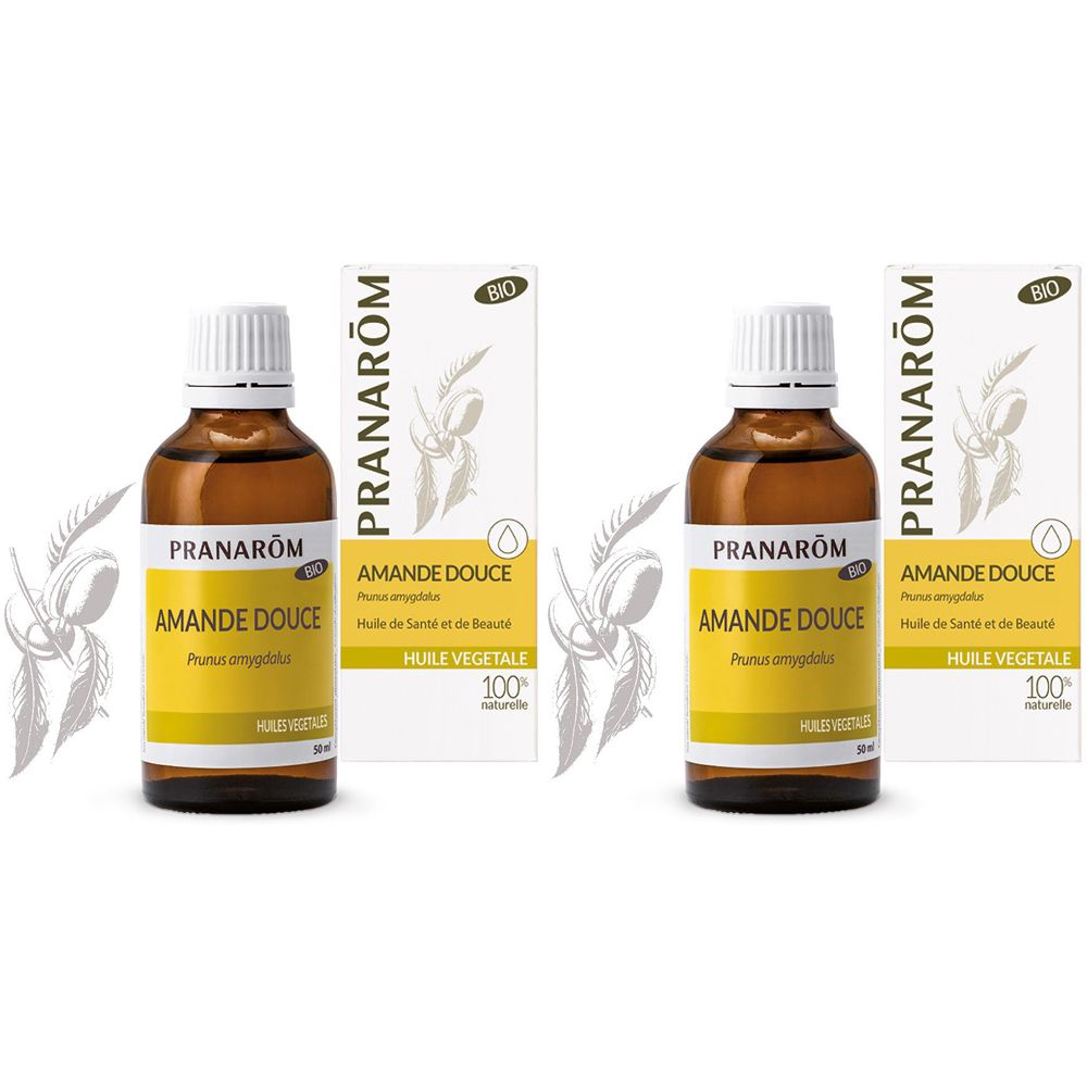 Deux flacons avec bouchon blanc et étiquette, accompagnés de deux boîtes avec logo et texte.