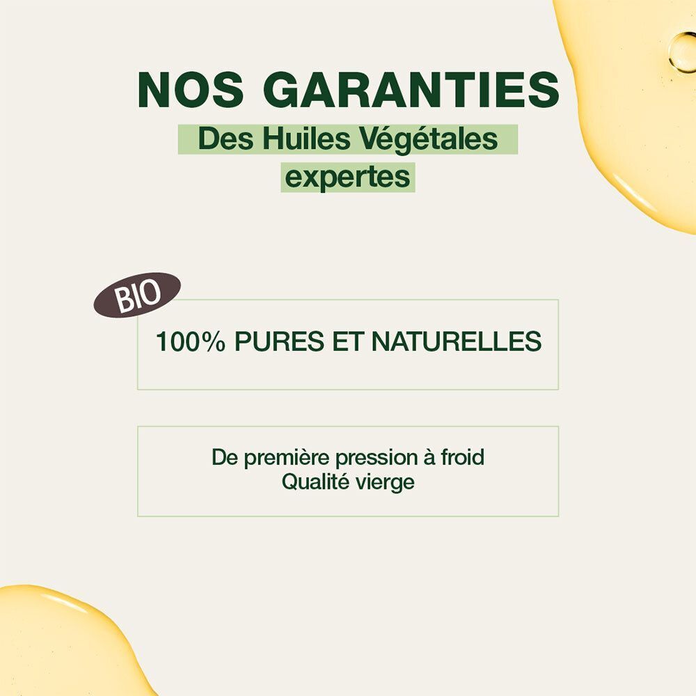 Un flacon en verre brun et bouchon blanc. Texte : "HUILE VÉGÉTALE", "BIO".
