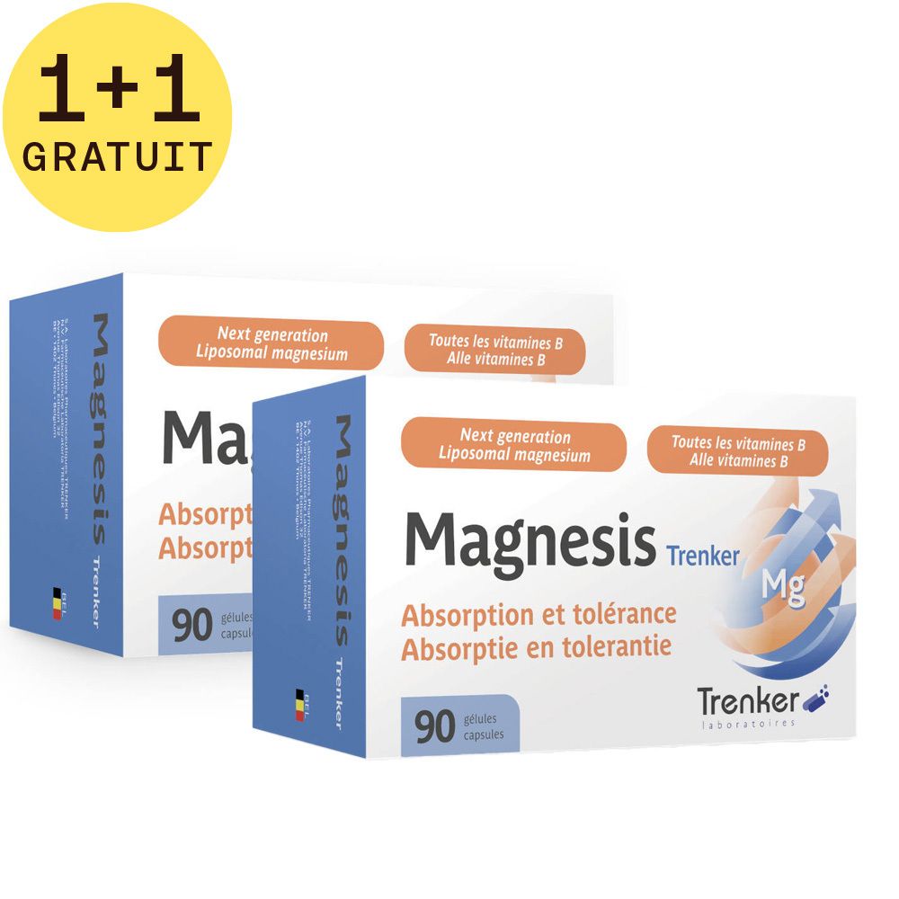 Deux boîtes de Magnesis, avec inscription 1+1 GRATUIT. Boîtes blanches avec texte bleu et orange.
