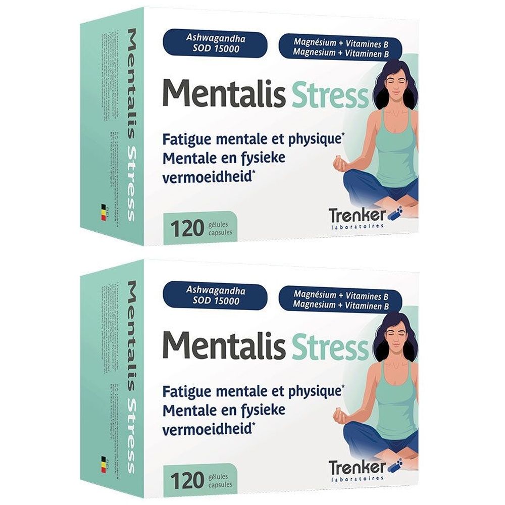Deux boîtes de "Mentalis Stress". Inscription : "Fatigue mentale et physique". Contient 120 gélules. Marque : Trenker.