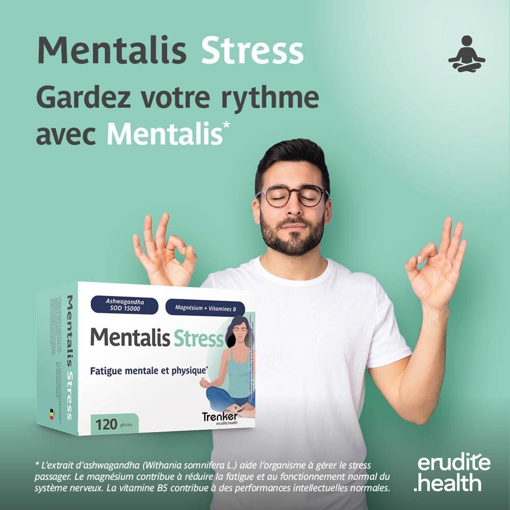 Homme tenant une boîte de Mentalis Stress. "Mentalis Stress" pour "Une combinaison unique".