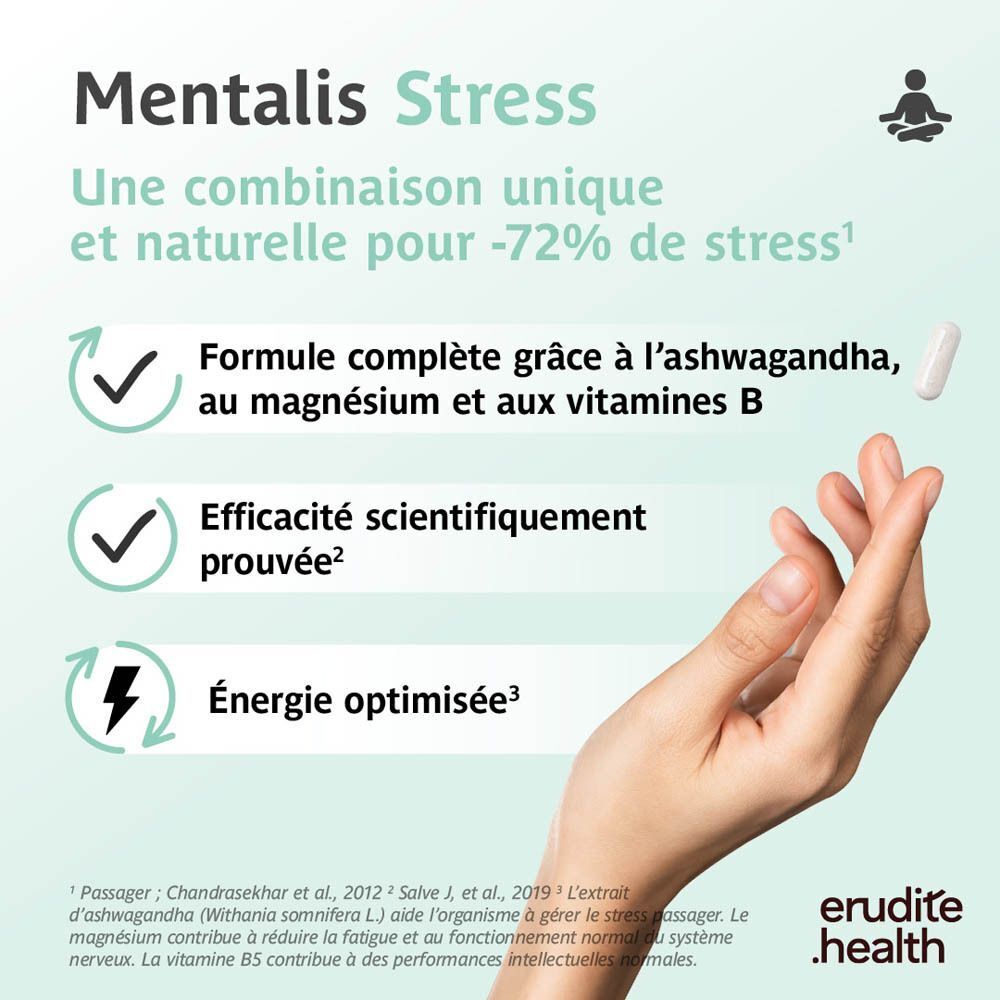 Avantages de Mentalis Stress : Ashwagandha, Magnésium, Vitamines B, prouvé scientifiquement, énergie.