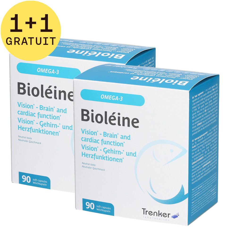 Deux boîtes Bioléine avec autocollant 1+1 GRATUIT. Inscription: Omega-3, Vision, Fonctions, 90 capsules. Marque Trenker.