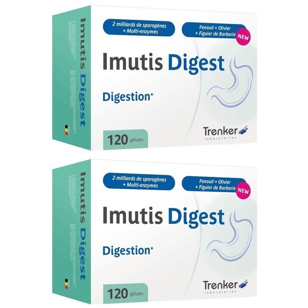 Deux boîtes d'Imutis Digest. Inscription: 120 gélules. Contient 2 milliards de sporogènes et multi-enzymes. Marque Trenker Laboratories.