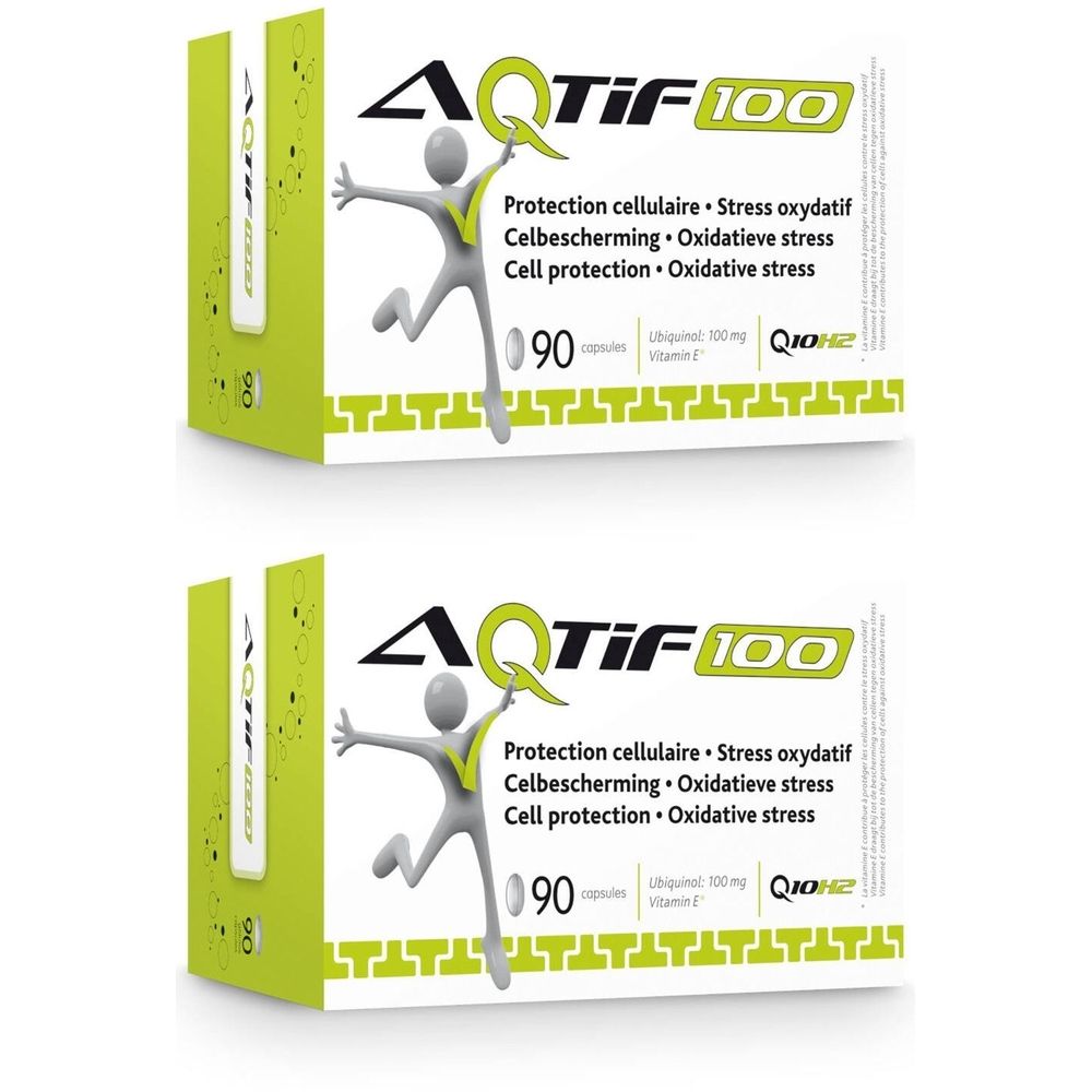 Zwei Schachteln AQTIF 100. Aufschrift: 90 Kapseln, Q10+E. Grün-weiße Verpackung mit Abbildung einer Person.