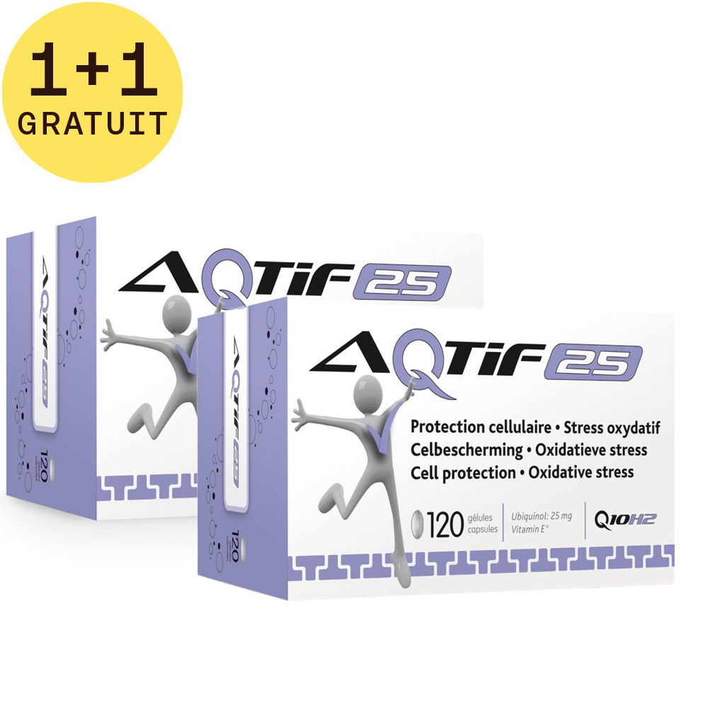 Deux boîtes Aqtif 25 avec autocollant 1+1 gratuit. Emballage blanc et violet. Inscription: 120 capsules, protection cellulaire. Illustration.