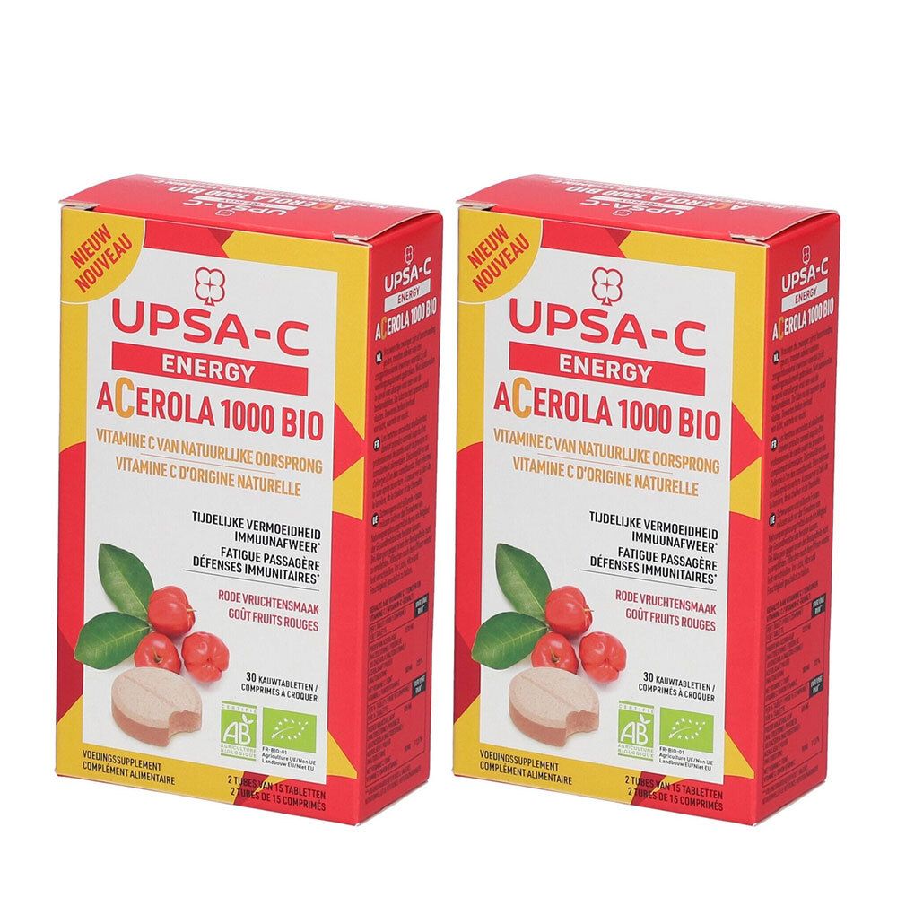 Deux boîtes rouges et jaunes. Inscription: UPSA-C Energy Acerola 1000 BIO. Illustration de fruits et comprimés.
