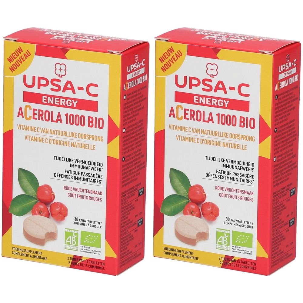 Zwei rote Kartons mit gelben Akzenten. Aufschrift: UPSA-C Energy Acerola 1000 BIO. Abbildung von Früchten und Tabletten.