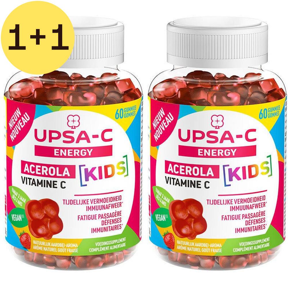 Deux flacons UPSA-C Energy Acerola Kids. Bonbons rouges visibles. Inscription: Vitamine C, Kids, Vegan.
