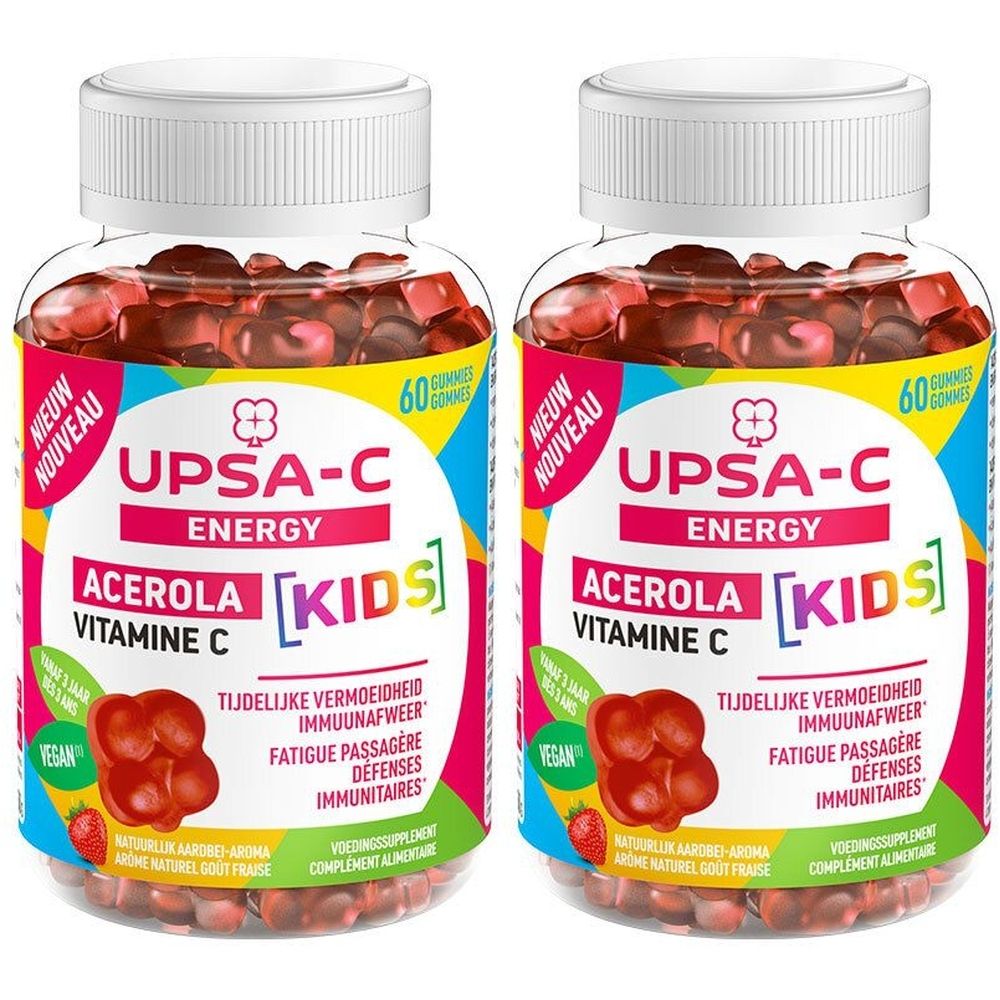 Deux flacons UPSA-C Energy Acerola Kids. Bonbons rouges visibles. Inscription: Vitamine C, Kids, Vegan.