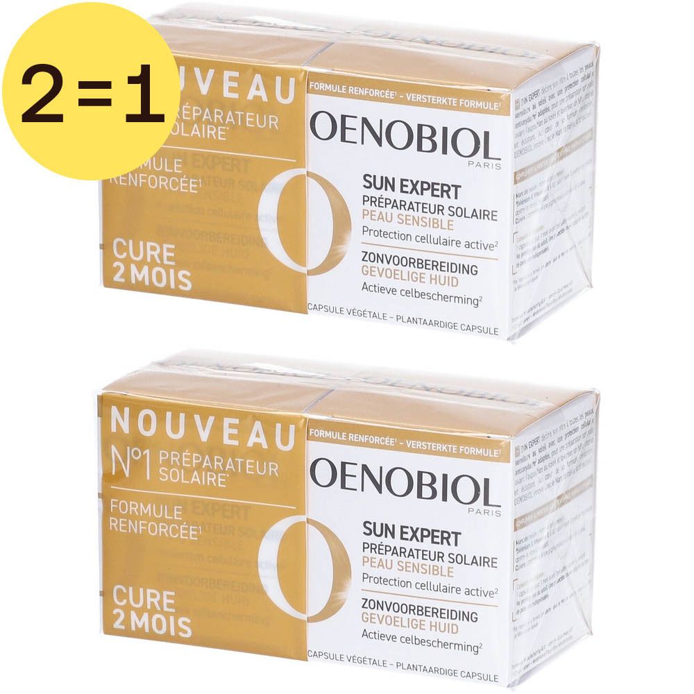 Deux boîtes Oenobiol Sun Expert. Inscription 2=1. Texte: Cure 2 mois. Formule renforcée.
