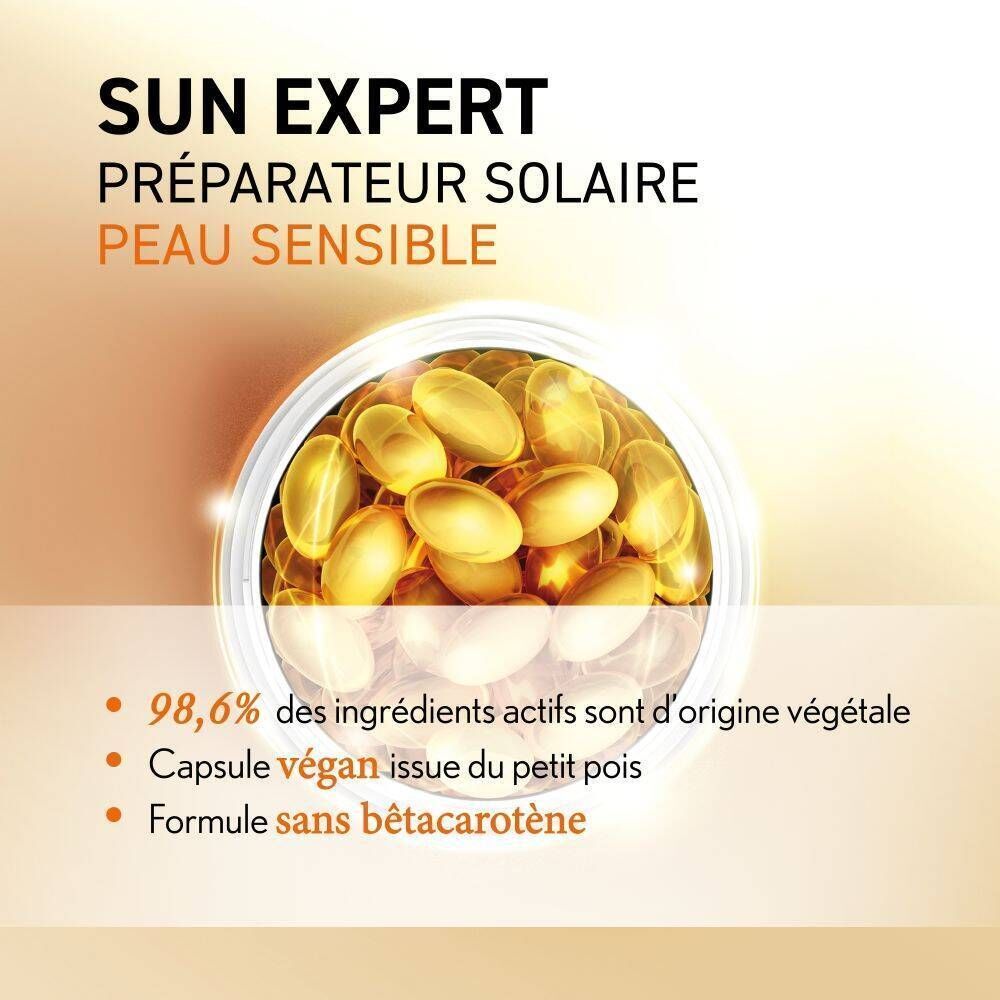 Sonnenexperte Sonnenschutz-Vorbereitung für empfindliche Haut. Vegane Kapseln mit pflanzlichen Wirkstoffen.