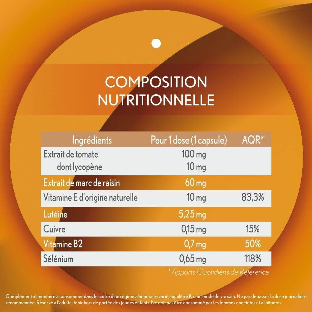 Nährwertangaben für Kapseln: Tomaten-, Traubenkernextrakt, Vitamine, Lutein, Kupfer, Selen.