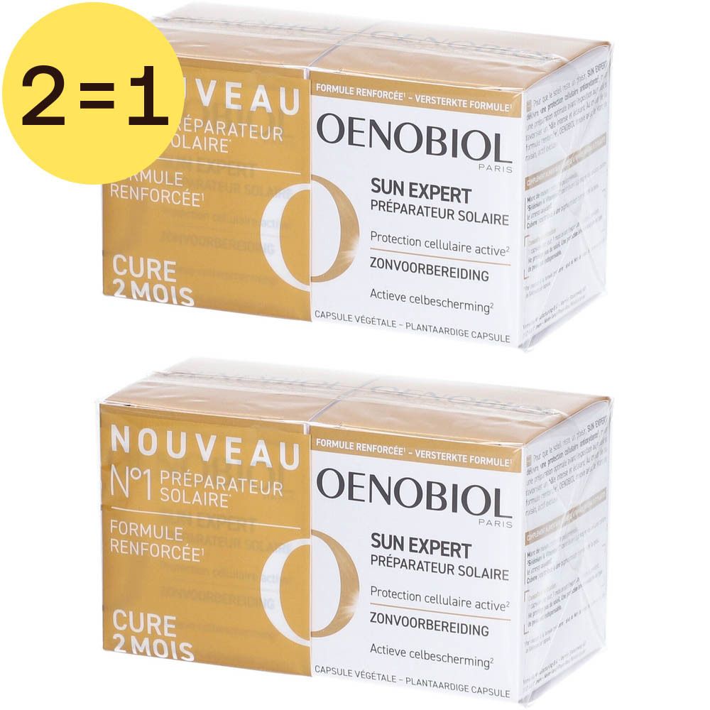 Zwei Packungen OENOBIOL Sun Expert. Aufschrift: 2=1. Sonnenschutzpräparat. Kapseln.