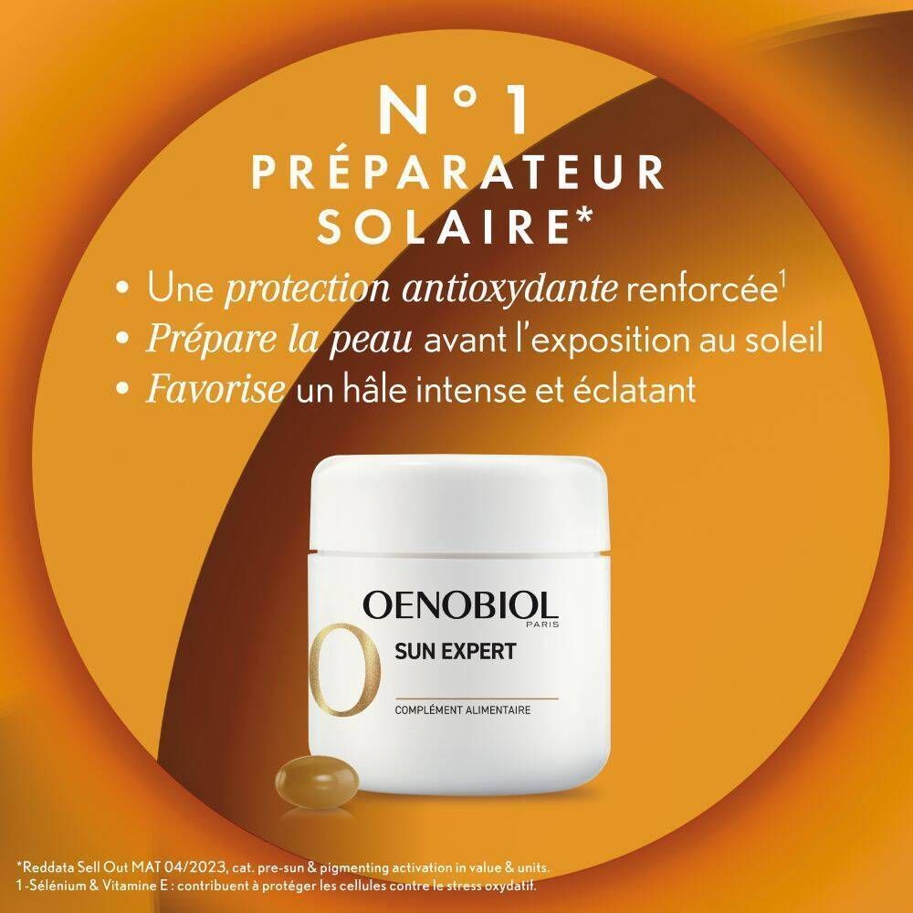 Pot OENOBIOL Sun Expert avec capsule. Texte : Complément alimentaire. Fond jaune.