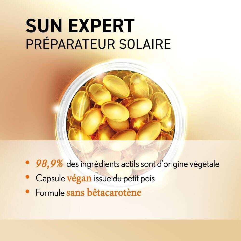 Pot OENOBIOL Sun Expert avec capsules. Texte : 98,9% d'ingrédients actifs d'origine végétale.