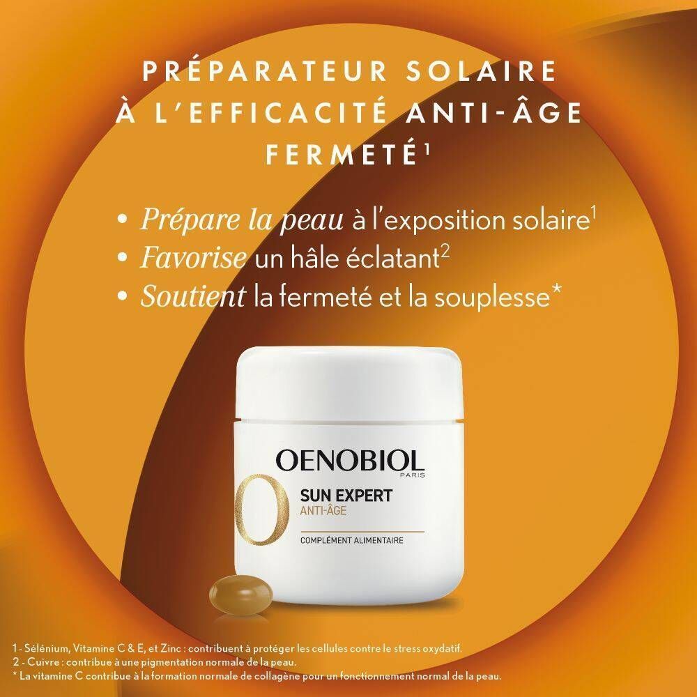 Oenobiol Sun Expert Anti-Age Kapseln in weißem Tiegel mit Aufdruck.