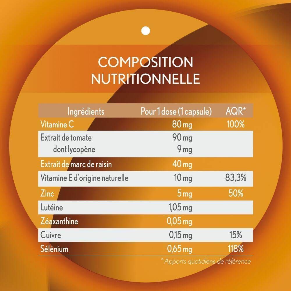 Nährwertangaben für Kapseln: Vitamin C, Tomatenextrakt, Zink, Lutein, Selen.