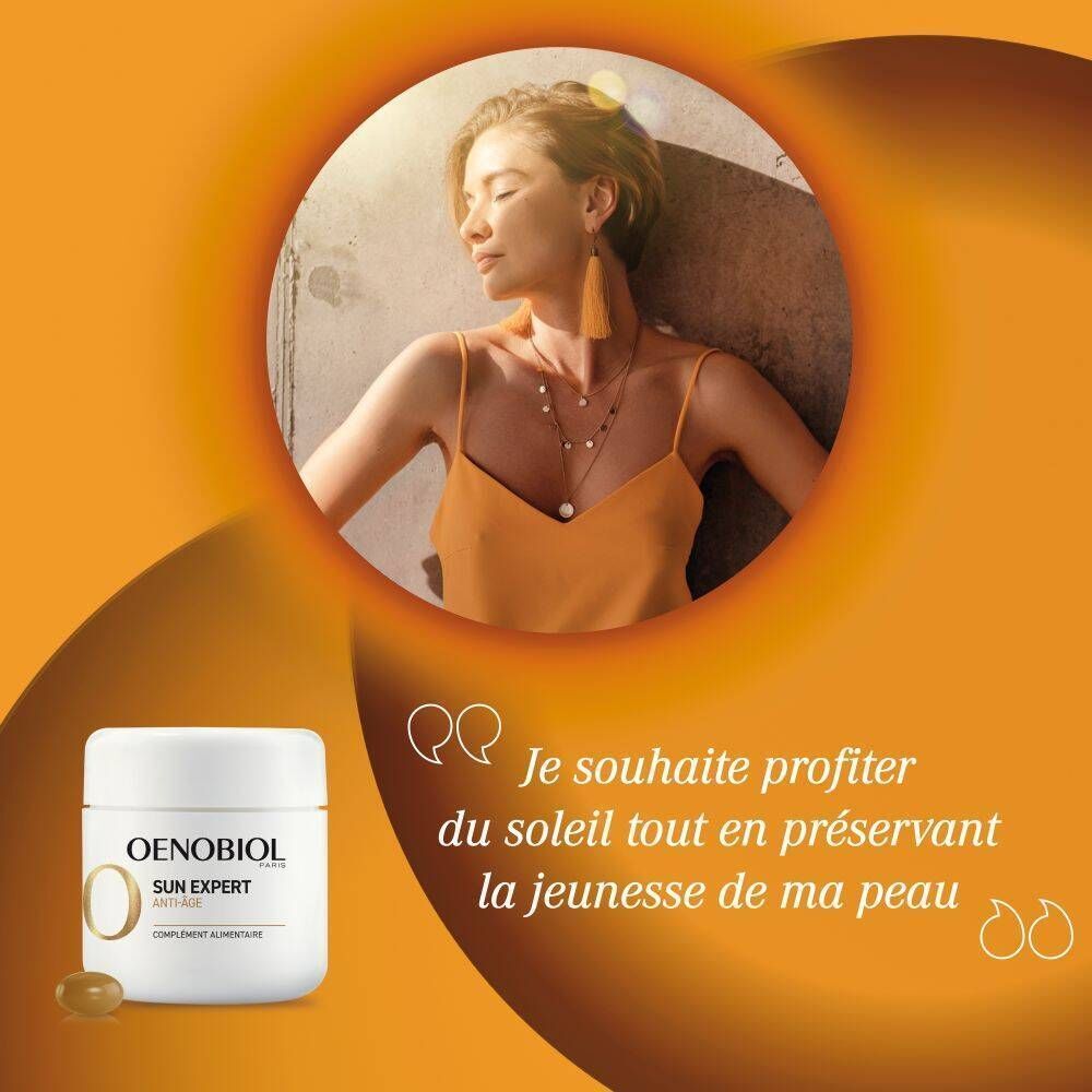 Oenobiol Sun Expert Kapseln: Dose mit Kapsel und Frau in der Sonne.