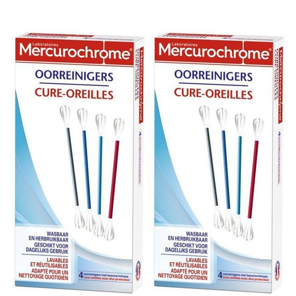 Zwei Packungen Cure-Oreilles 2 pour 1. Auf jeder Packung sind Ohrreiniger mit farbigen Stäben abgebildet.