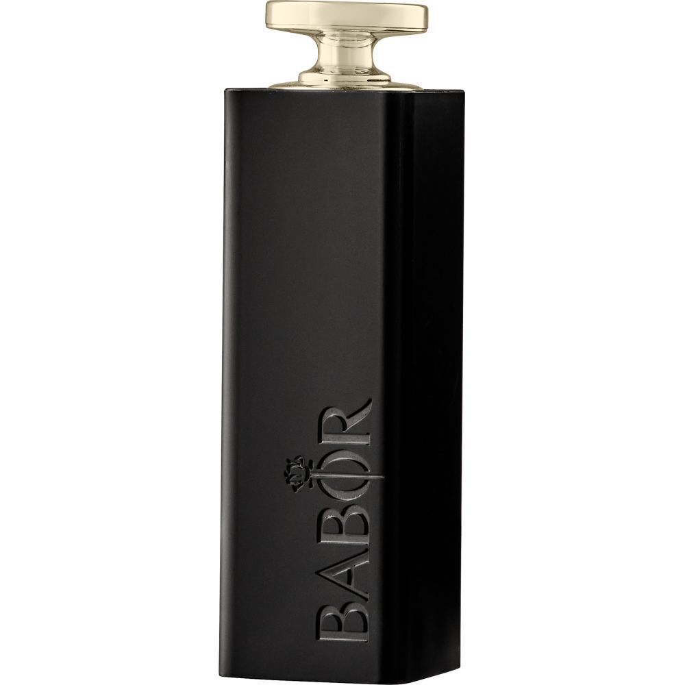Schwarzer, rechteckiger Lippenstiftbehälter mit silberner Kappe. Babor-Logo.