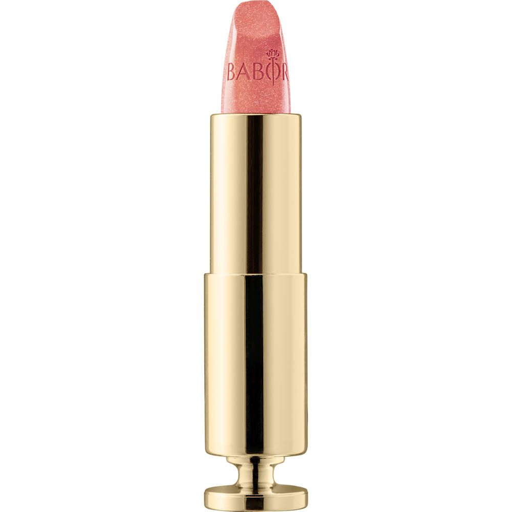 Rouge à lèvres doré avec bâtonnet rose. Le rouge à lèvres est ouvert.