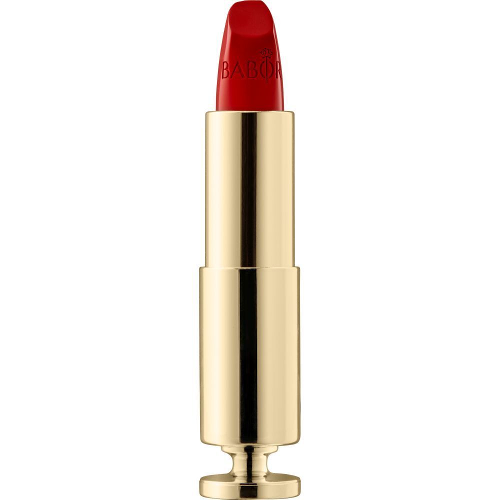 Rouge à lèvres rouge dans un étui doré. Marque Babor. Ouvert, bâton visible.