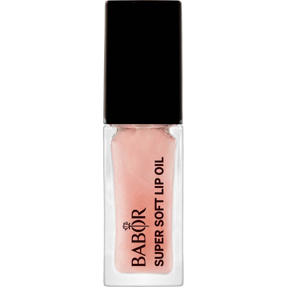 Klares Lip Oil-Fläschchen mit rosa Inhalt. Schwarzer Deckel. Aufschrift: Babor, Super Soft Lip Oil.