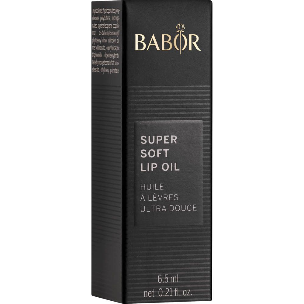 Emballage noir avec informations sur le produit. Inscription : Babor, Super Soft Lip Oil, 6,5 ml.