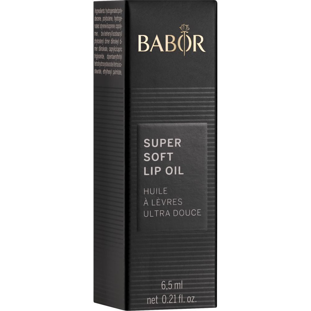 Schwarze Verpackung für Lippenöl. Produktname und Marke BABOR. Text in Deutsch und Französisch.