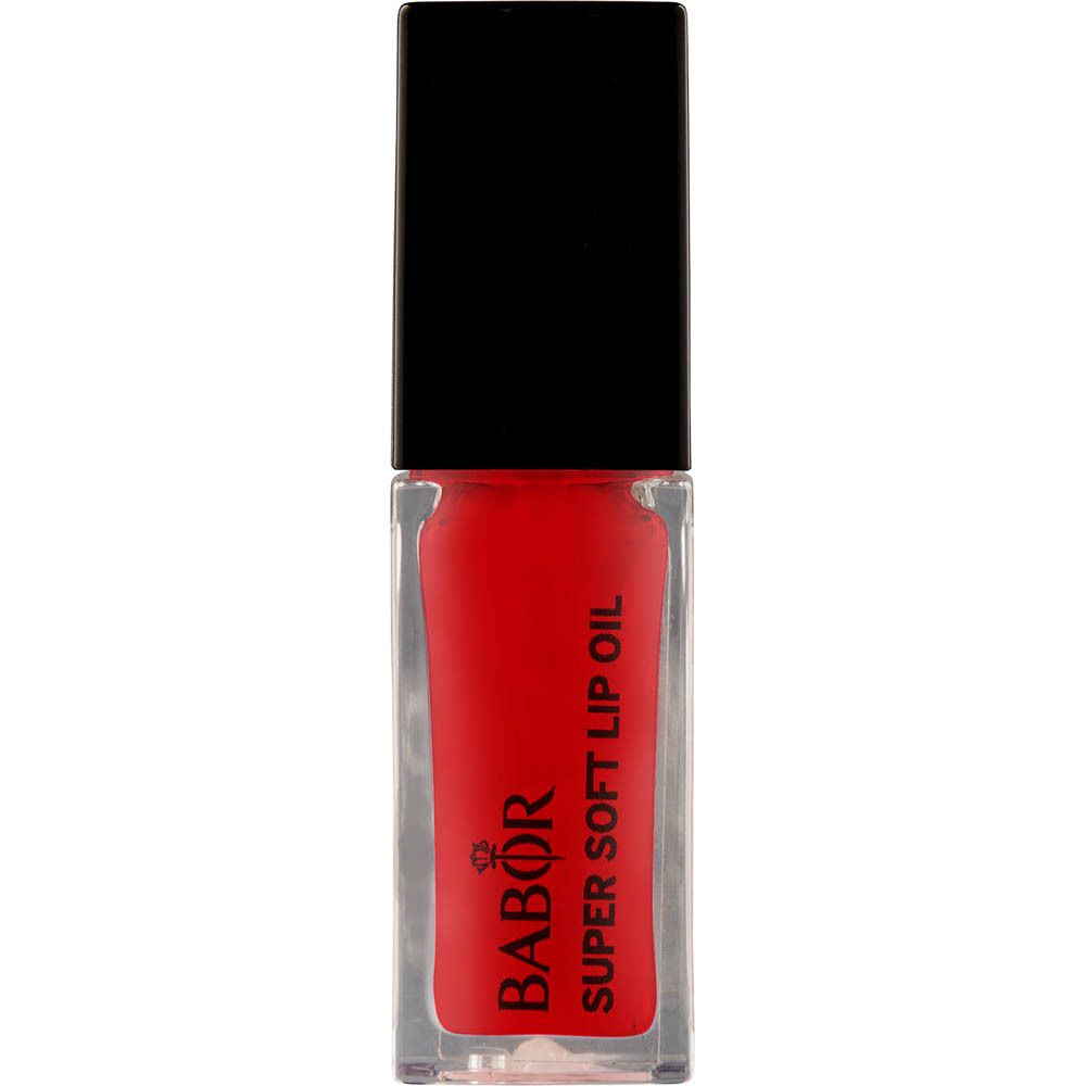 Flacon transparent de brillant à lèvres rouge avec bouchon noir. Inscription : Babor Super Soft Lip Oil.
