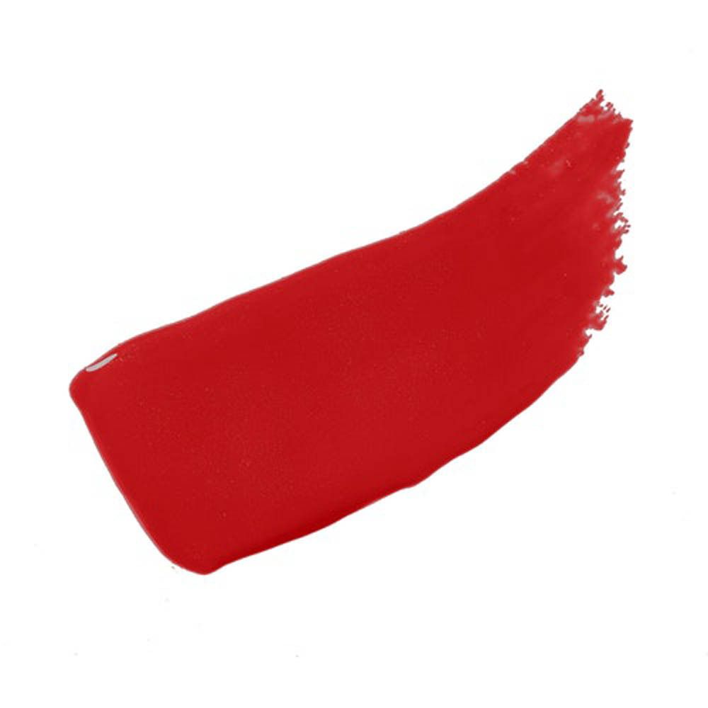 Roter Lippenöl-Abstrich auf weißem Hintergrund. Form eines geschwungenen Strichs.