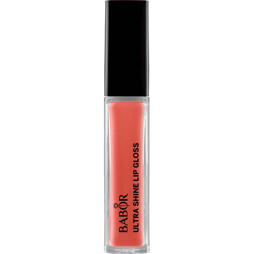 Babor Ultra Shine Lip Gloss 05 Rose of Spring. Flacon de gloss rose avec bouchon noir. Nom du produit et marque visibles.