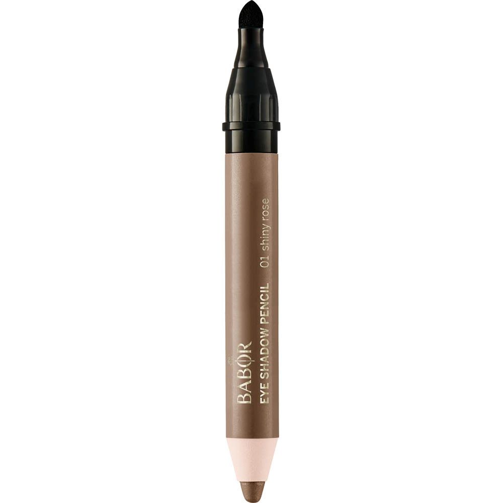 Doppel-Lidschattenstift. Braun-beiger Stift mit schwarzem Deckel. Aufschrift: Babor Eye Shadow Pencil 01 shiny rose.