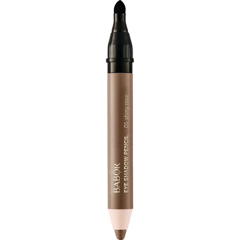 Crayon fard à paupières Babor 01 Shiny Rose. Crayon brun-beige avec capuchon et pointe noirs. Inscriptions sur le produit.