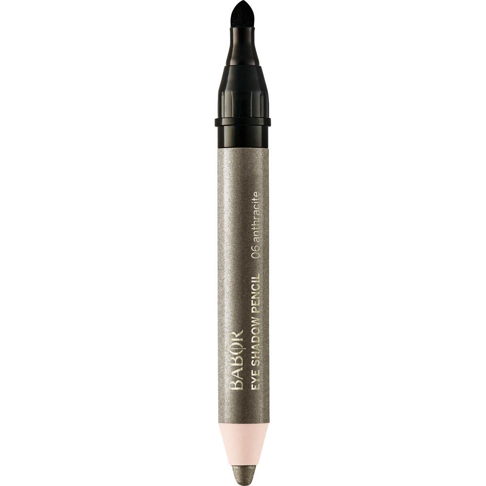 Crayon fard à paupières gris. Capuchon et pointe noirs. Inscription : Babor Eye Shadow Pencil 06 Anthrazit.