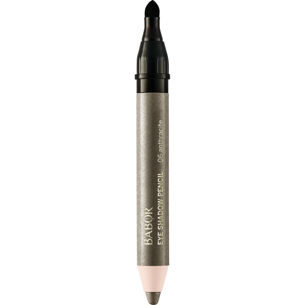 Grauer Lidschattenstift mit schwarzer Kappe und Spitze. Aufschrift: Babor Eye Shadow Pencil 06 Anthrazit.