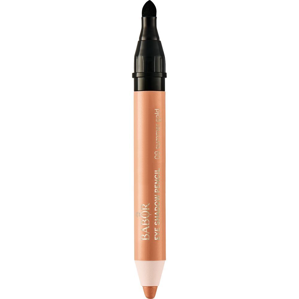 Babor Lidschatten-Stift 09 Sommer-Gold. Doppelender, braun-goldener Stift mit schwarzem Deckel. Aufschrift: Babor Eye Shadow Pencil.