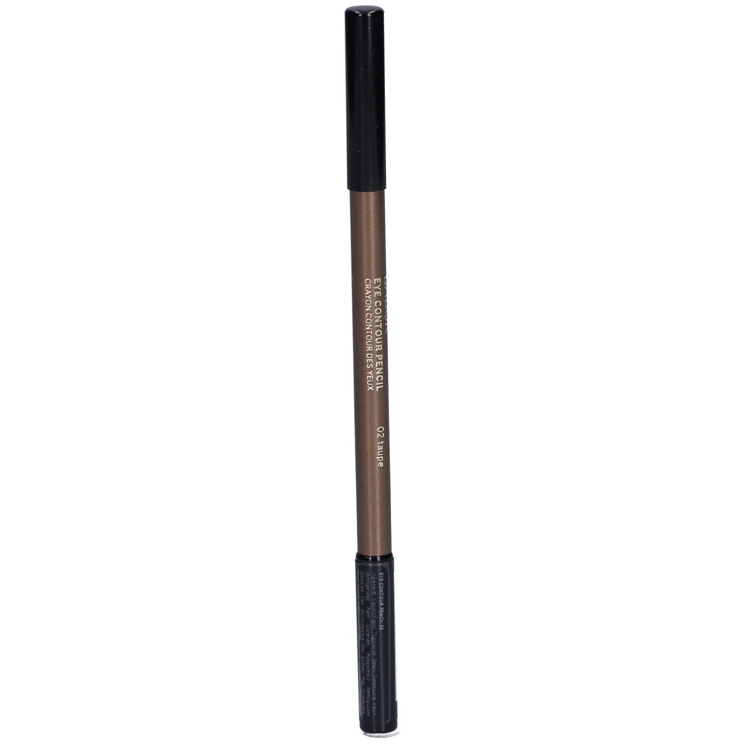 Crayon contour des yeux brun. Capuchon noir. Inscription: Babor, Eye Contour Pencil, 02 taupe. Code-barres.