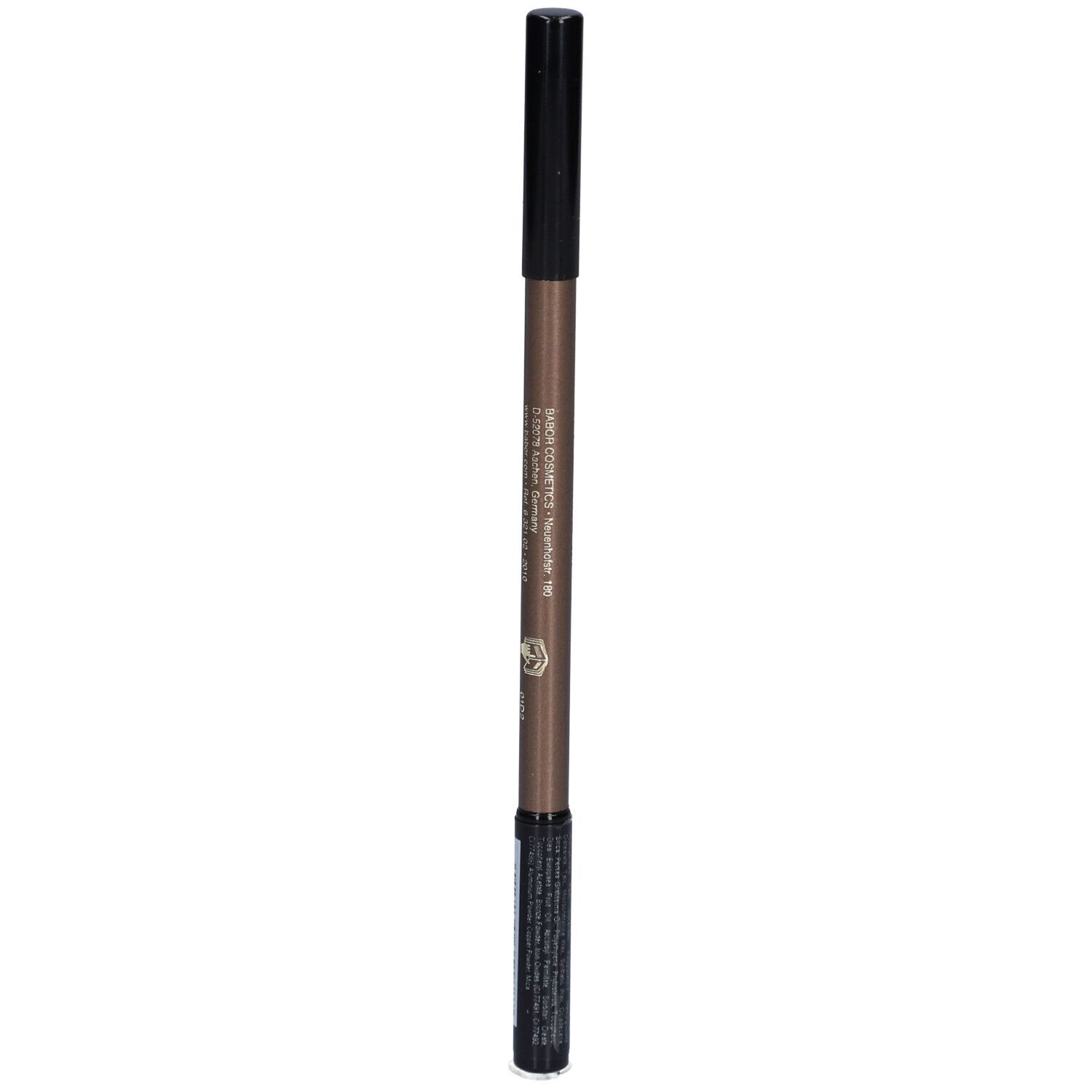 Crayon contour des yeux brun. Capuchon noir. Inscription: Babor, Eye Contour Pencil, 02 taupe. Code-barres.
