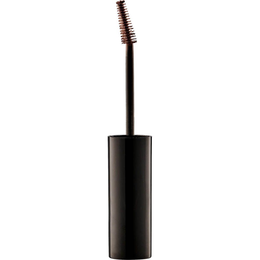 Brosse de la mascara pour sourcils. Manche noir, poils bruns. Nom du produit non visible.